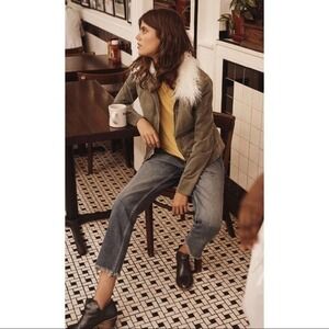 ANTHROPOLOGIE Marrakech Army Green Faux Fur Collared Cadet Jacket Small NEW